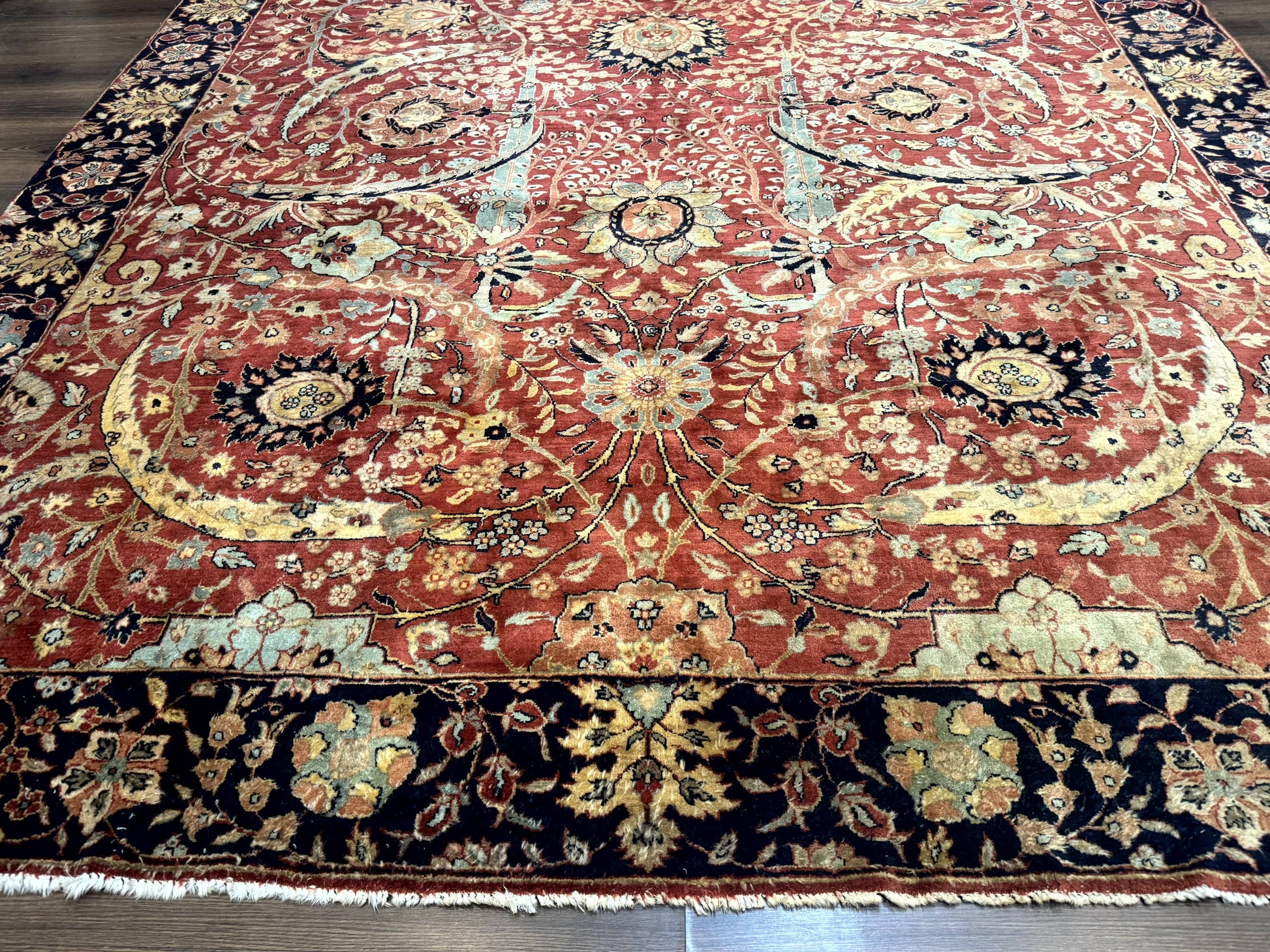 Indian Agra Rug 9x11, Terracotta and Navy Blue, Sickle Leaf Rug - Nuvé