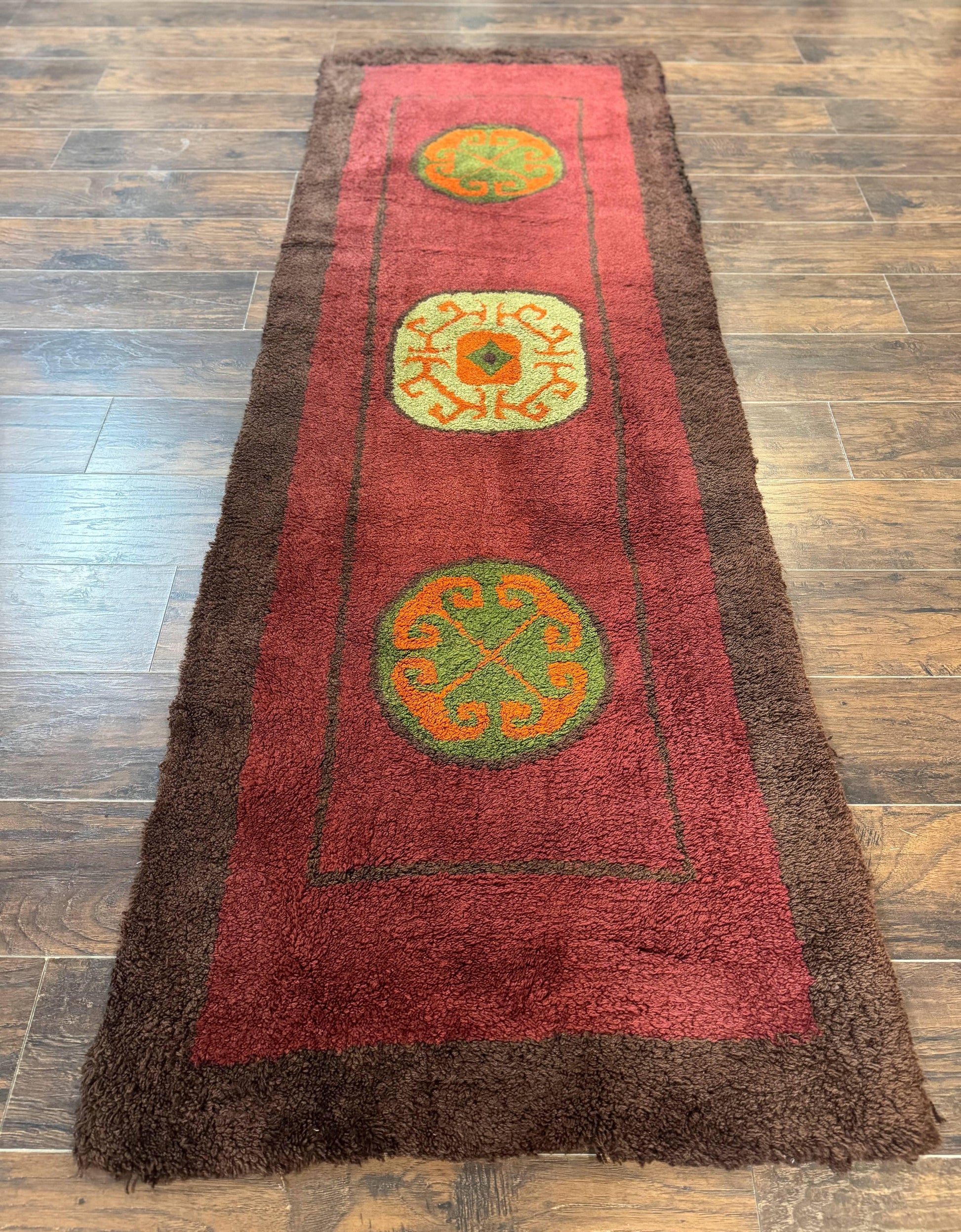 German Hooked Runner Rug 3x8, Vintage, Red, Wool - Nuvé