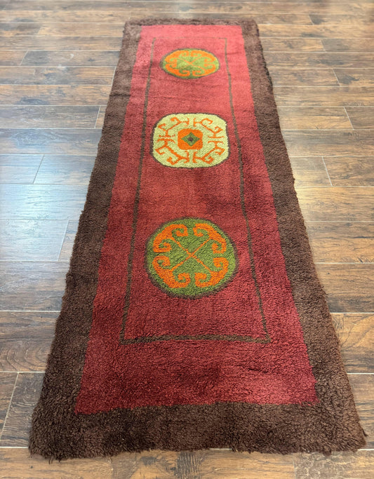 German Hooked Runner Rug 3x8, Vintage, Red, Wool - Nuvé