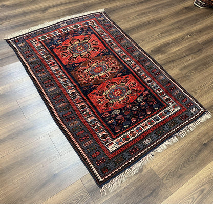 Antique Caucasian Seychour Rug 3.7 x 5.5, Collectible Oriental Carpet, Navy Blue and Red, Fine Kuba Rug, Vintage Rug, Wool Hand Knotted Rug - Nuvé