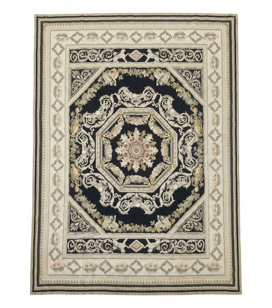 Aubusson Rug 6x8, European Design, Lion Pictorials, Black
