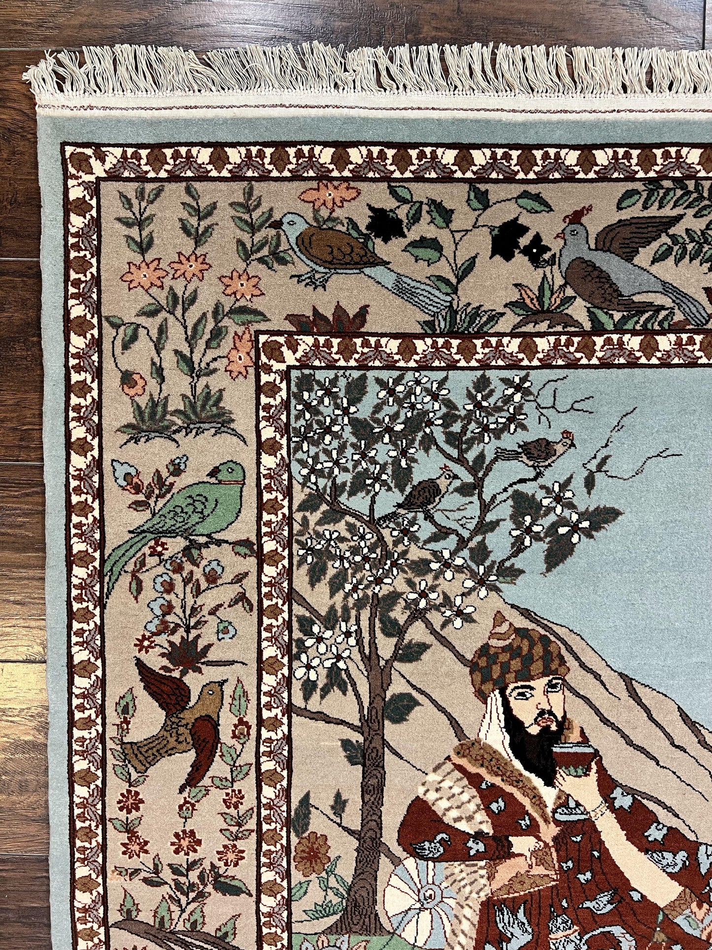 Indo Persian Pictorial Rug 4x7, Handmade Hand Knotted Wool Semi Antique Horizontal Carpet, Men & Women Drinking, Fine Rug, Bird Pictorials - Nuvé