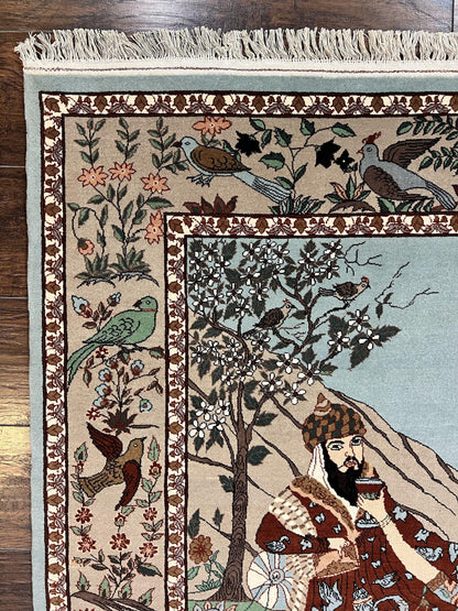 Indo Persian Pictorial Rug 4x7, Handmade Hand Knotted Wool Semi Antique Horizontal Carpet, Men & Women Drinking, Fine Rug, Bird Pictorials - Nuvé