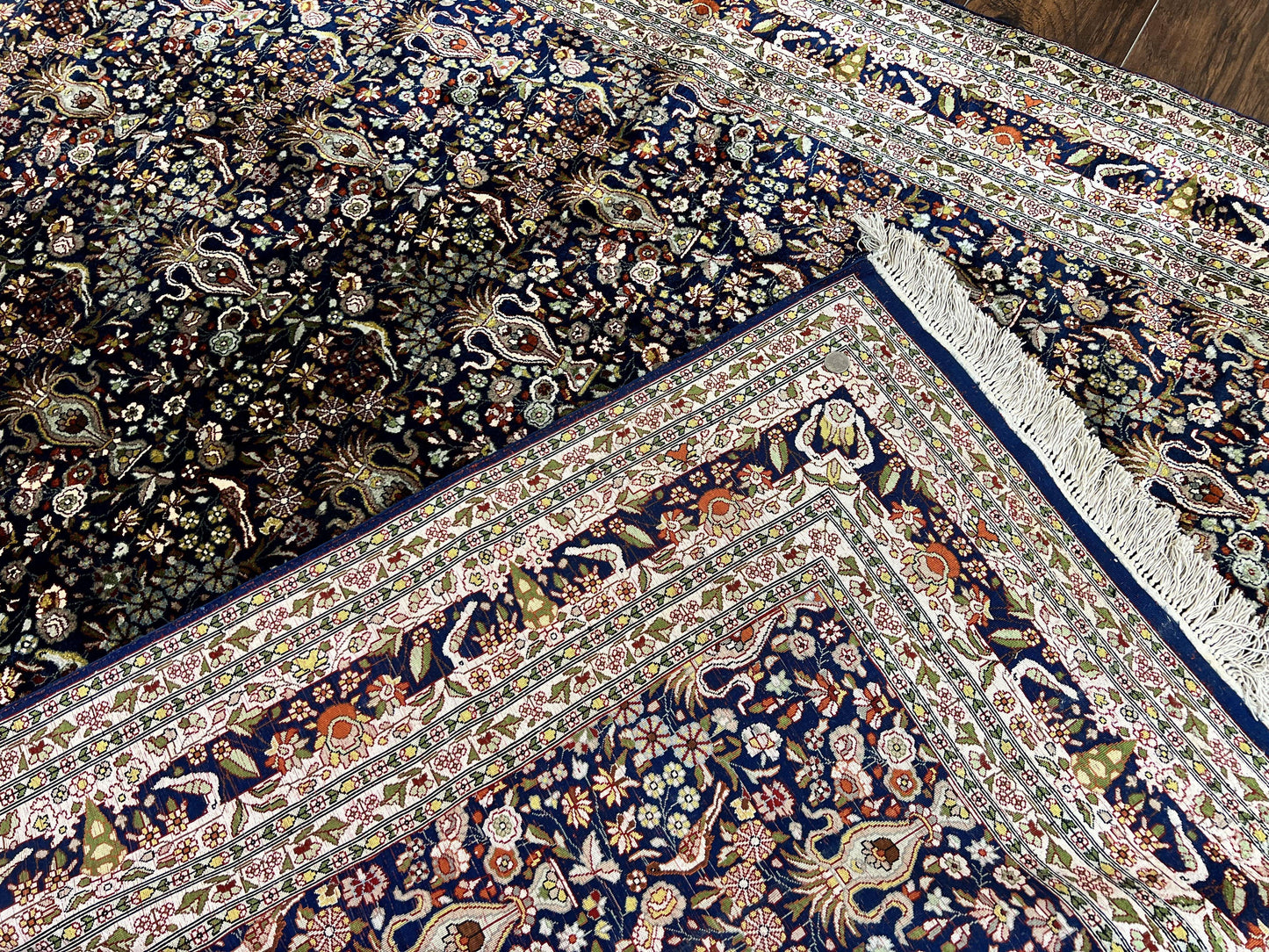 Silk Indian Kashmiri Rug 5x7, Navy Blue Indo Persian Silk Carpet 5 x 7 ft, Hand Knotted Handmade Very Fine Oriental Carpet, 450 KPSI, Birds - Nuvé