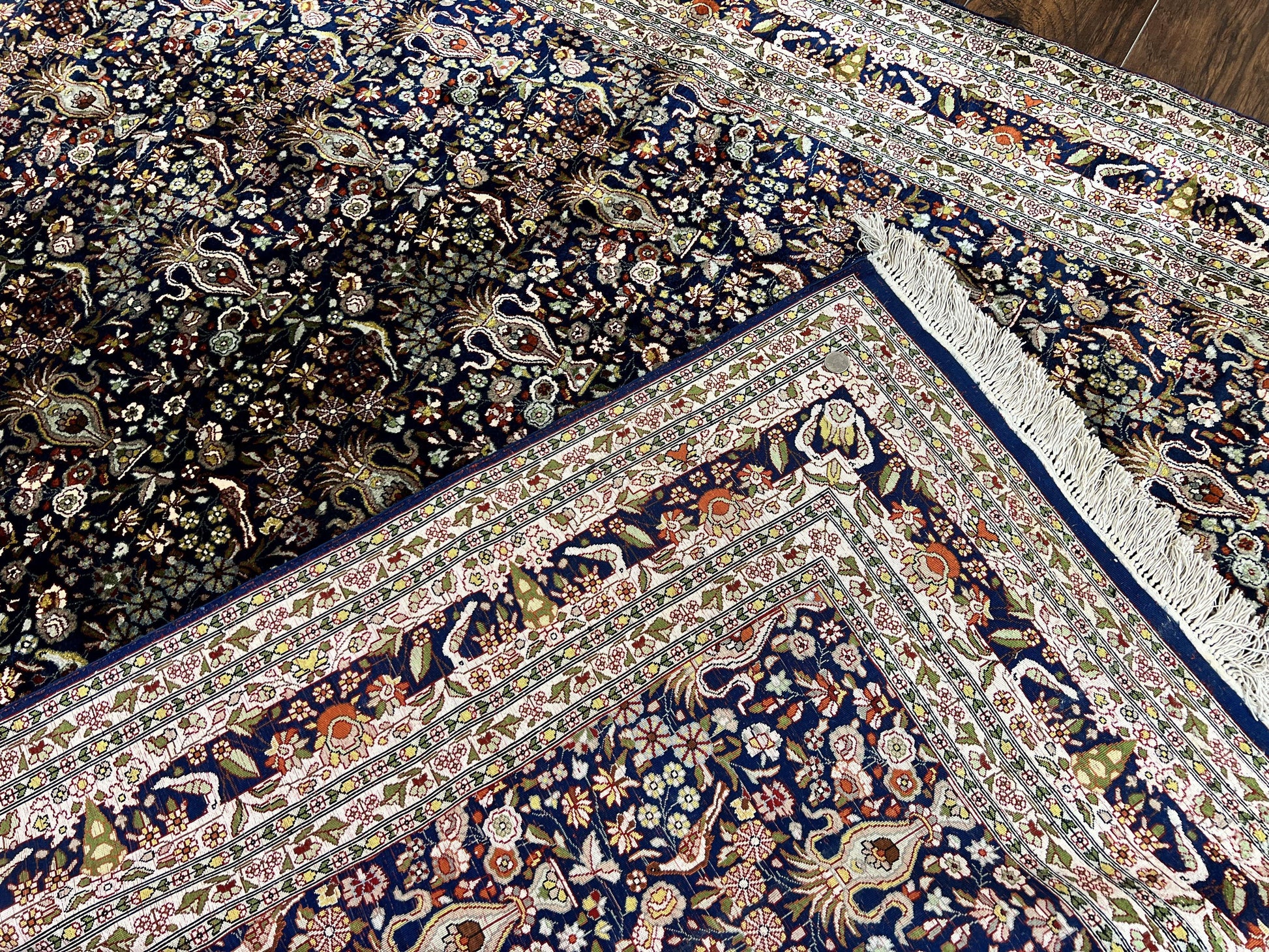 Silk Indian Kashmiri Rug 5x7, Navy Blue Indo Persian Silk Carpet 5 x 7 ft, Hand Knotted Handmade Very Fine Oriental Carpet, 450 KPSI, Birds - Nuvé