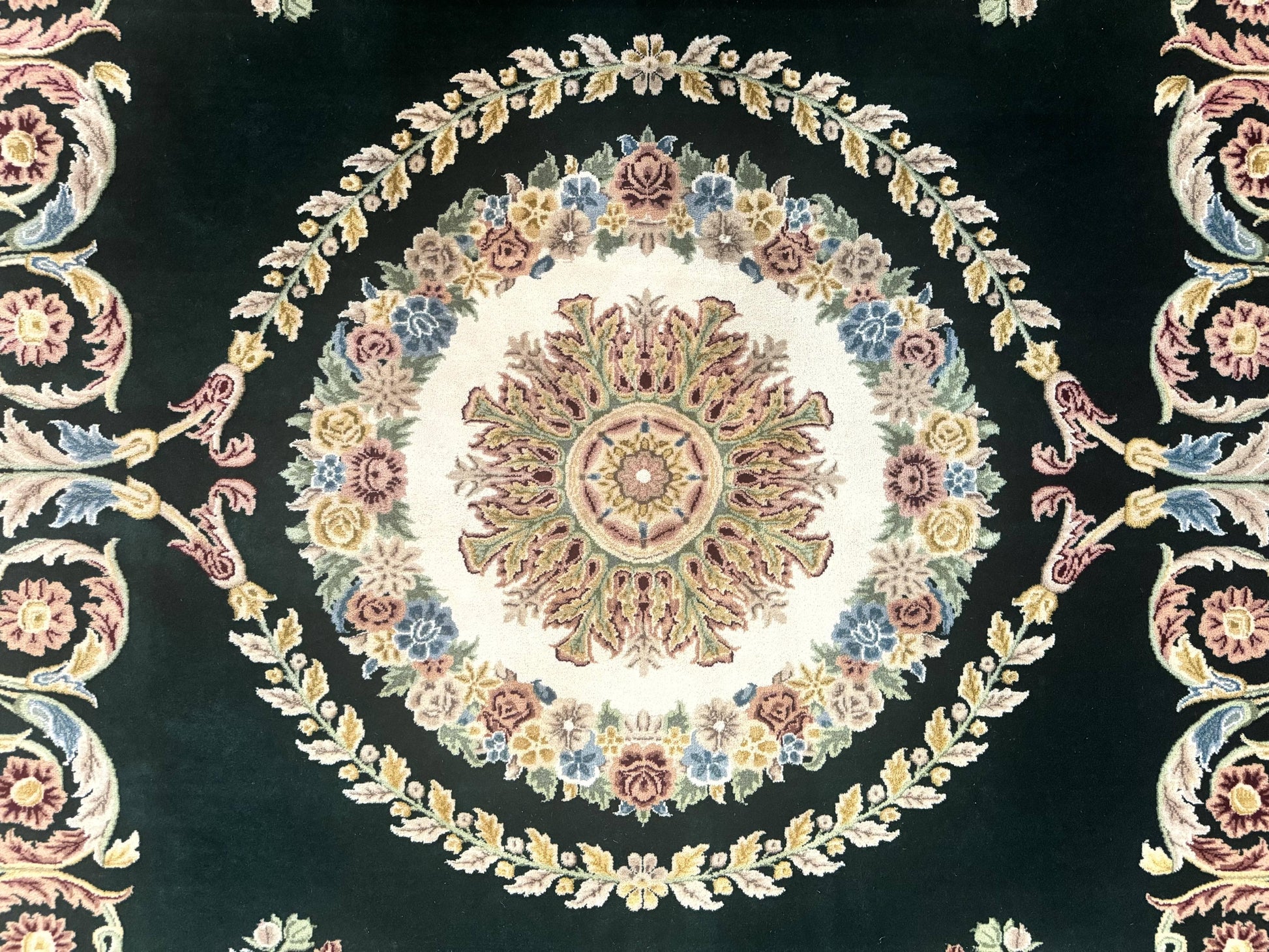 Aubusson Rug 9x12, Dark Green, European Design, Vintage Fine Handmade Carpet, Elegant - Nuvé
