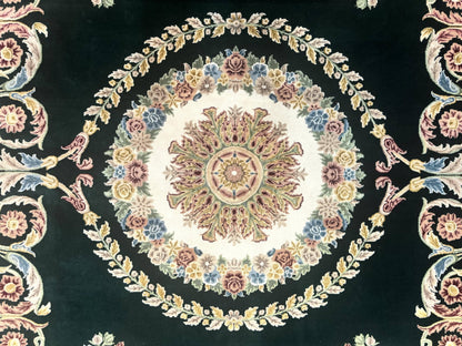Aubusson Rug 9x12, Dark Green, European Design, Vintage Fine Handmade Carpet, Elegant - Nuvé