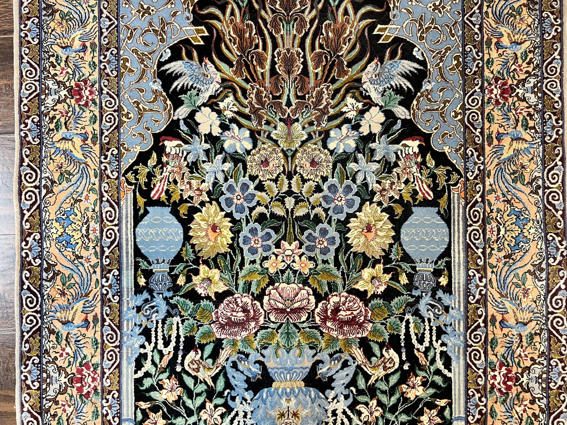 Wonderful Persian Isfahan Rug 3.7 x 5, Kork Wool on Silk Foundation, Very Fine 460 KPSI, Tree of Life Persian Vase Design Animal Pictorials Peacocks - Nuvé