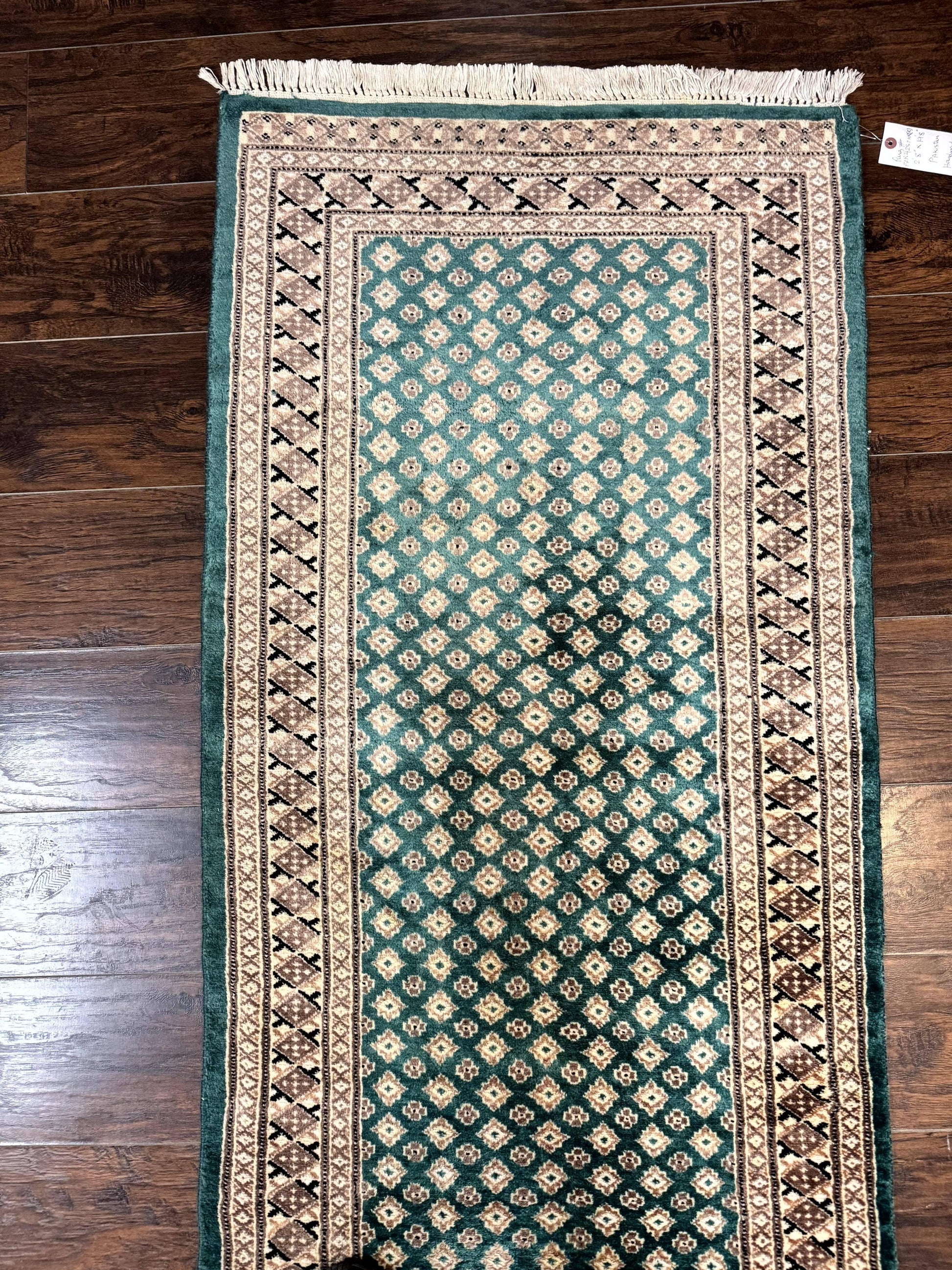 Long Pakistani Runner Rug 2.8 x 20, Hand Knotted Vintage Wool Hallway Rug, Turkoman Rug, Teal and Tan, Handmade Vintage Wool Runner - Nuvé