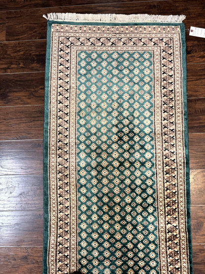 Long Pakistani Runner Rug 2.8 x 20, Hand Knotted Vintage Wool Hallway Rug, Turkoman Rug, Teal and Tan, Handmade Vintage Wool Runner - Nuvé