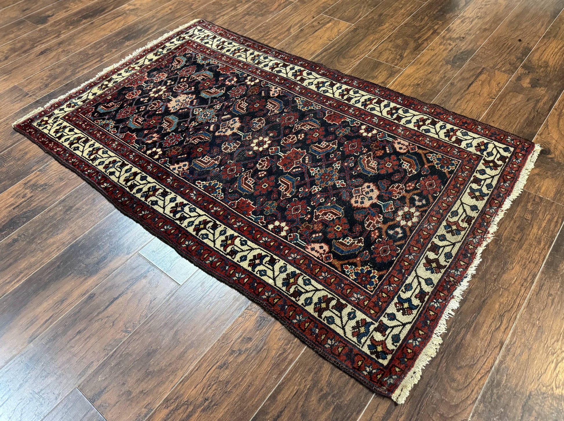 Navy Blue Antique Persian Rug 3x6, Blue and Ivory Persian Carpet, Handmade 1920s Hamadan Rug - Nuvé