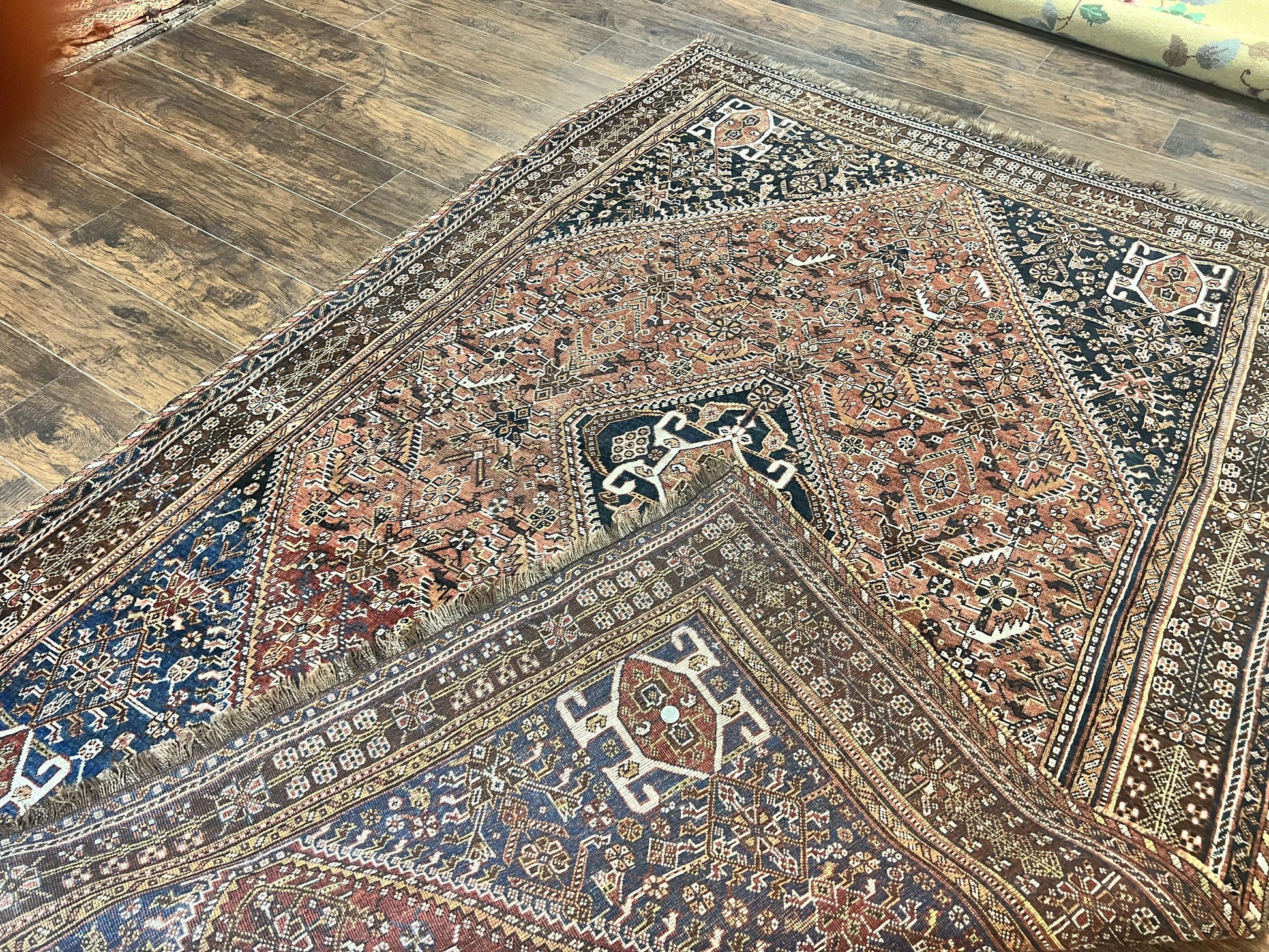 Antique Persian Shiraz Tribal Rug 6x8, Geometric Rug, Wool Handmade Hand Knotted Carpet, Red Blue - Nuvé