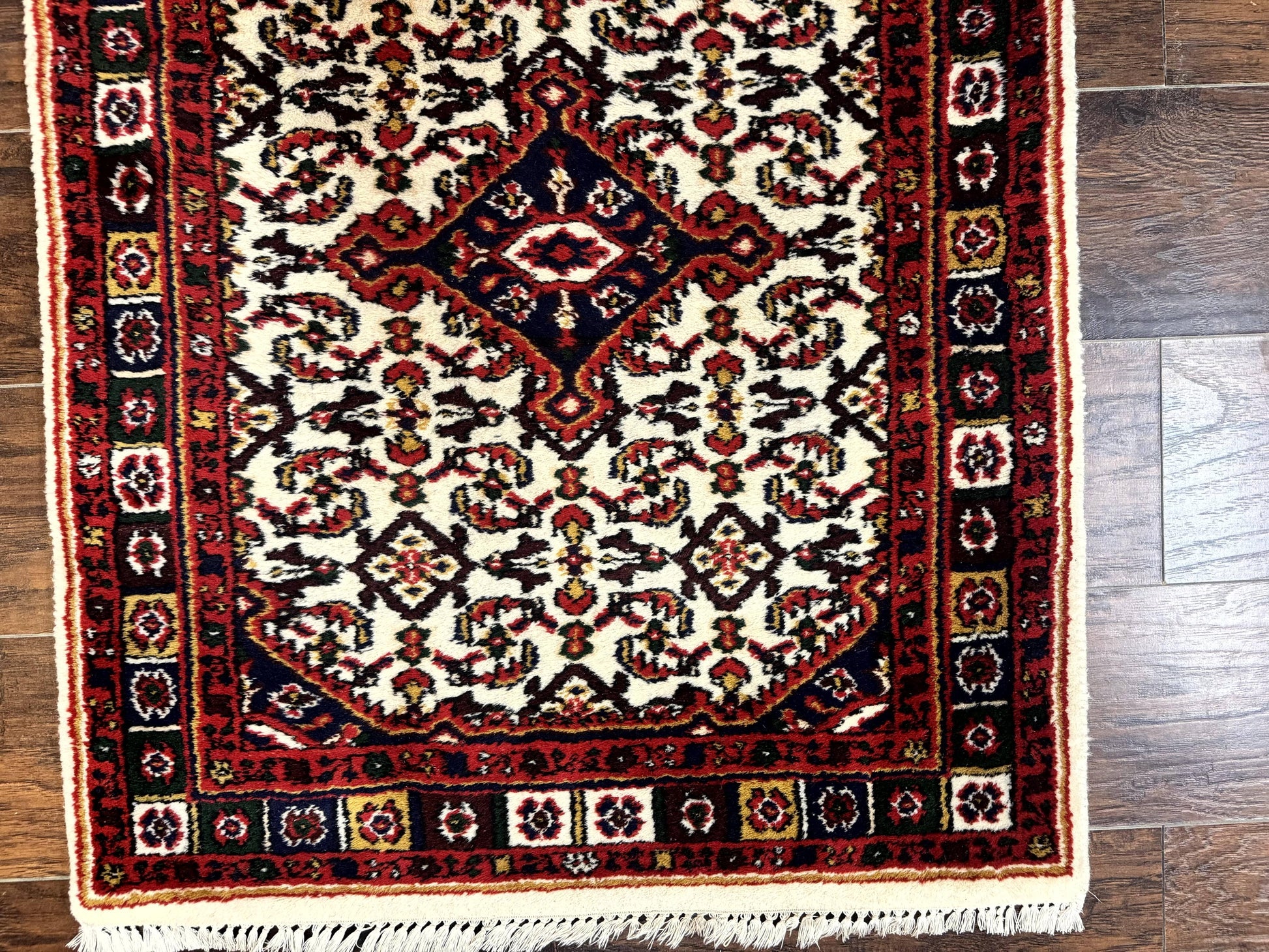 Indo Persian Bidjar Runner Rug 2.8 x 10, Vintage Rug for Hallway, 10ft Runner, Wool Handmade Ivory and Red, Medallions - Nuvé