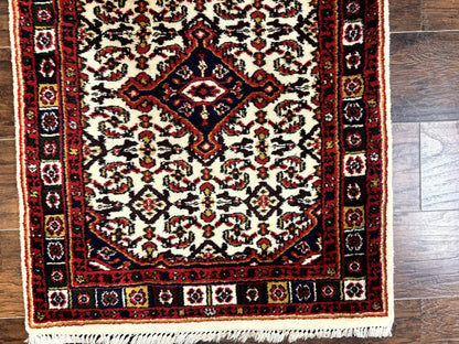 Indo Persian Bidjar Runner Rug 2.8 x 10, Vintage Rug for Hallway, 10ft Runner, Wool Handmade Ivory and Red, Medallions - Nuvé