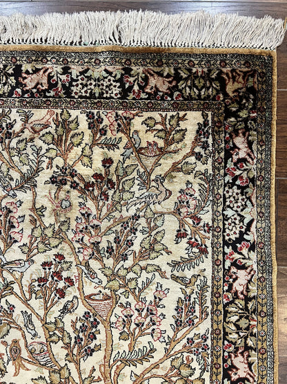 Silk Tree of Life Persian Qum Rug 3x4, Hand Knotted Vintage Carpet, Cream & Black, Very Fine Oriental Rug, Animal Pictorials, Birds - Nuvé