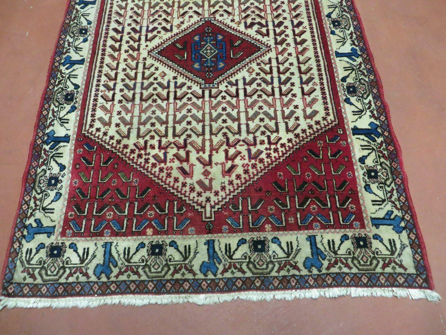 3' X 5' Vintage Handmade India Geometric Oriental Wool Rug Nice Birds Ivory Red - Nuvé