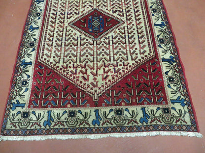 3' X 5' Vintage Handmade India Geometric Oriental Wool Rug Nice Birds Ivory Red - Nuvé