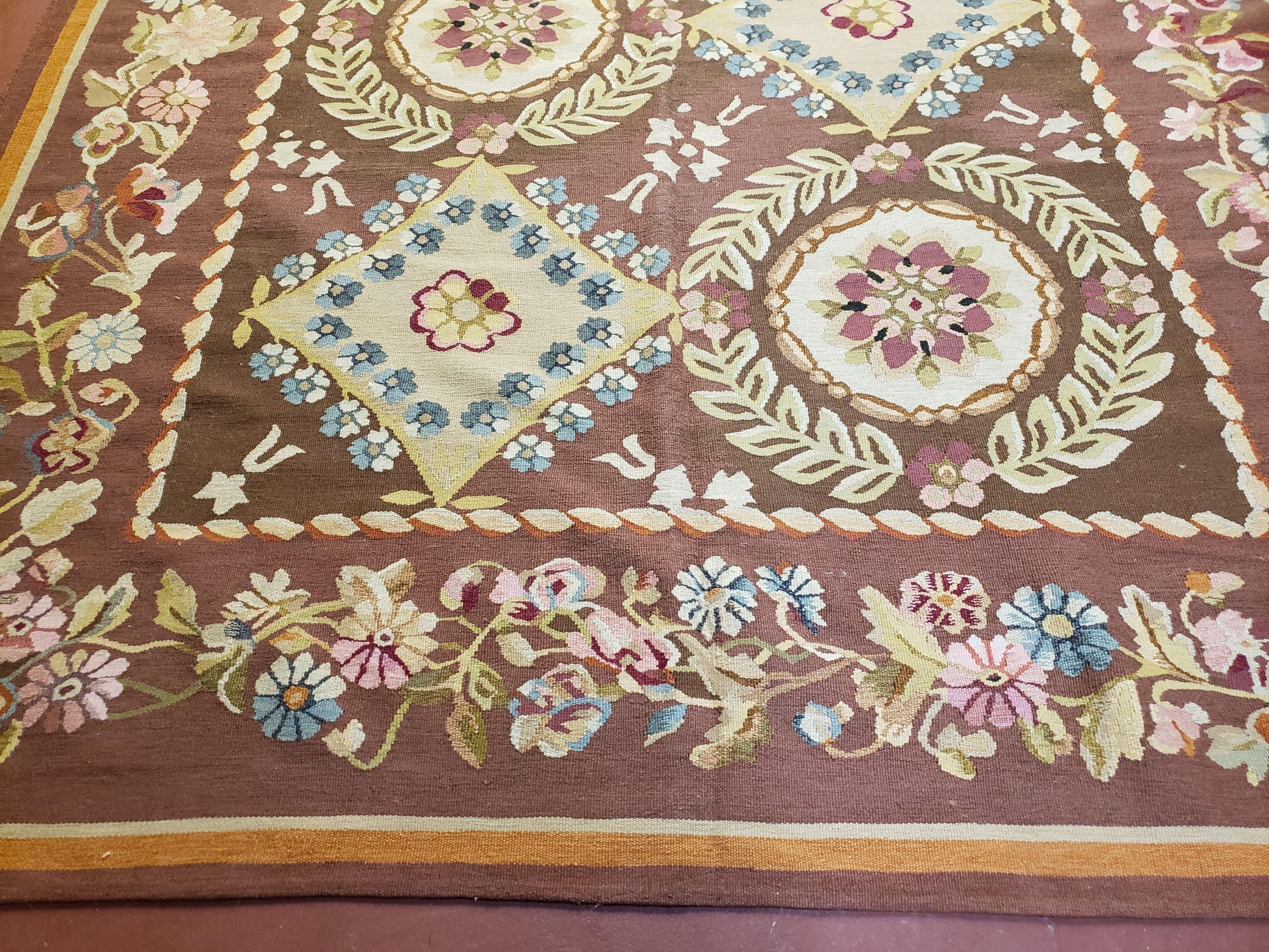 Aubusson Rug 6 x 9 Flat Weave Area Carpet European Design Flowers New Brown Rug Handmade Wool Hand-Knotted Aubusson Weave Medium Rug 6x9 - Nuvé