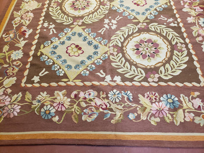 Aubusson Rug 6 x 9 Flat Weave Area Carpet European Design Flowers New Brown Rug Handmade Wool Hand-Knotted Aubusson Weave Medium Rug 6x9 - Nuvé