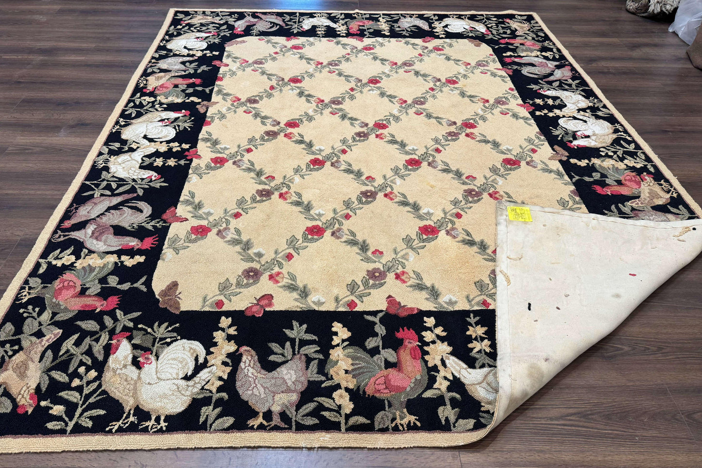 Vintage Hooked Rug 7x9, Rosters in Border, Roses and Butterflies - Nuvé