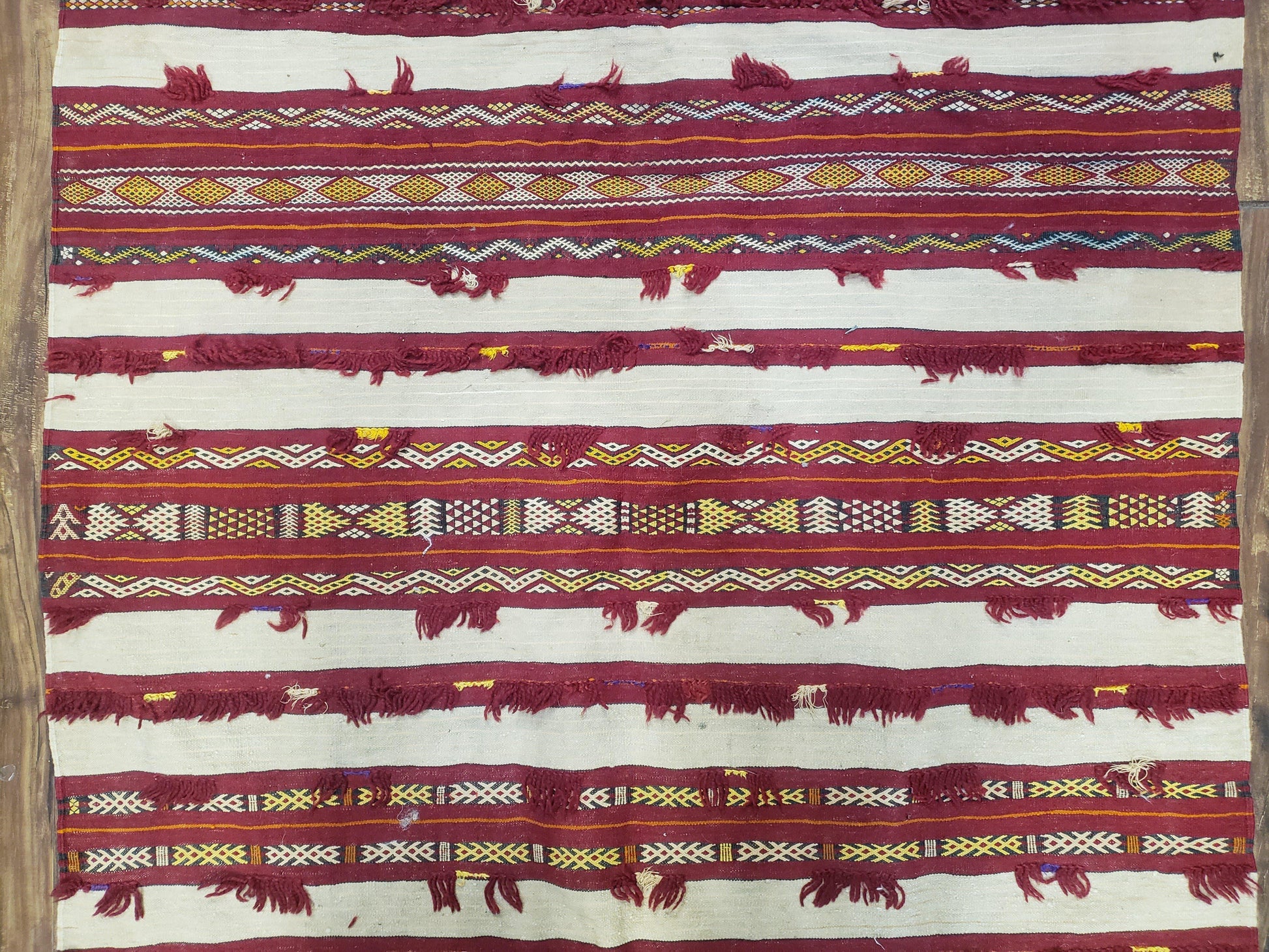 Antique Turkoman Yamud Rug 3x5 ft, 1920s Turkmen Sofreh Table Cover, Bohemian Rug, Tribal Collectible, Striped Rug, Handmade Ivory and Red - Nuvé