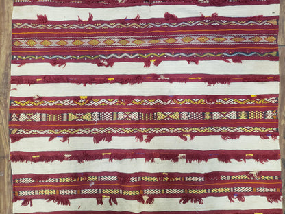 Antique Turkoman Yamud Rug 3x5 ft, 1920s Turkmen Sofreh Table Cover, Bohemian Rug, Tribal Collectible, Striped Rug, Handmade Ivory and Red - Nuvé