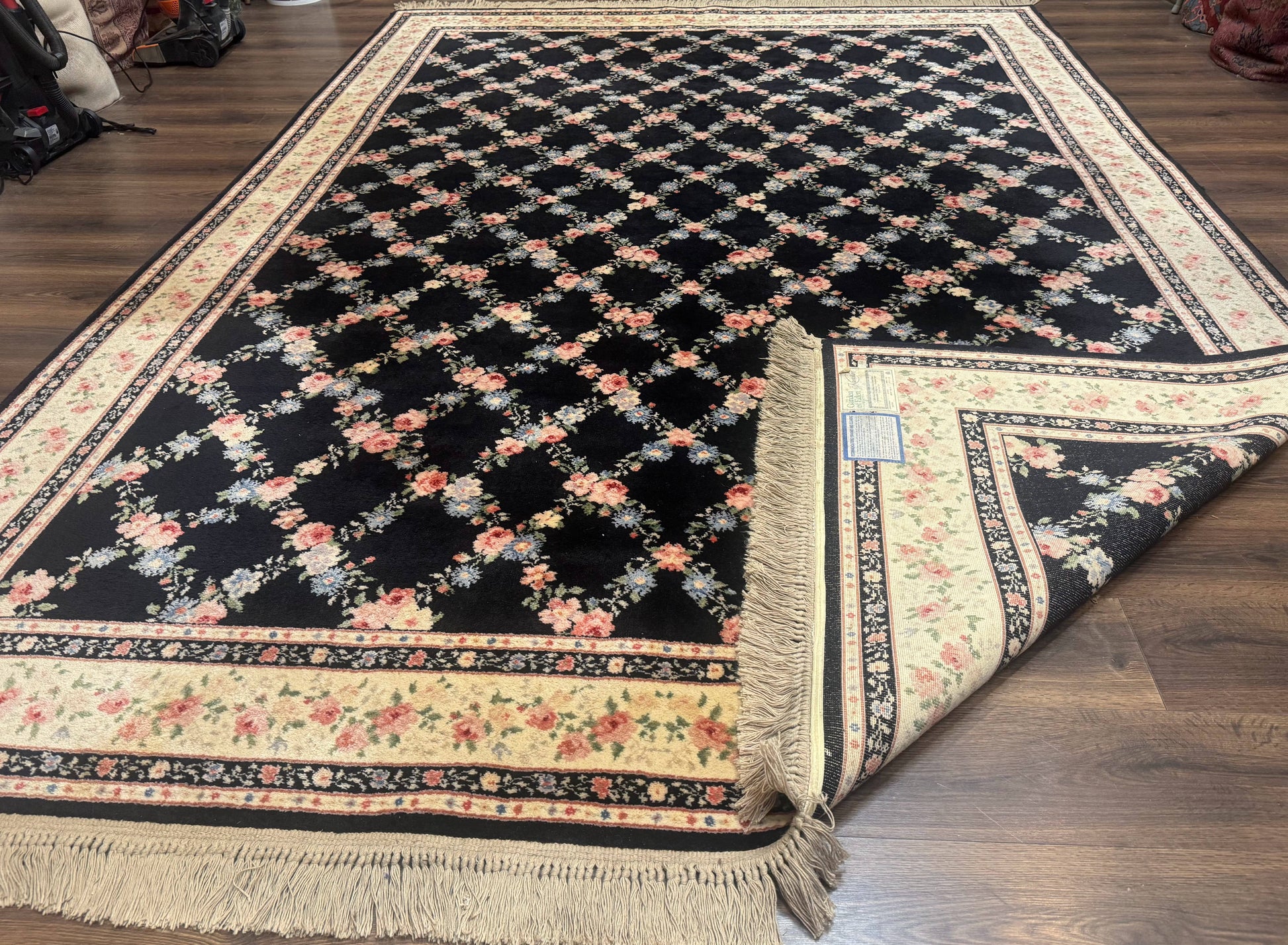 8.8 x 12 Karastan Garden of Eden Rug, Ebony Trellis #509/1270, Black, Floral, Wool Pile, Vintage, Discontinued - Nuvé