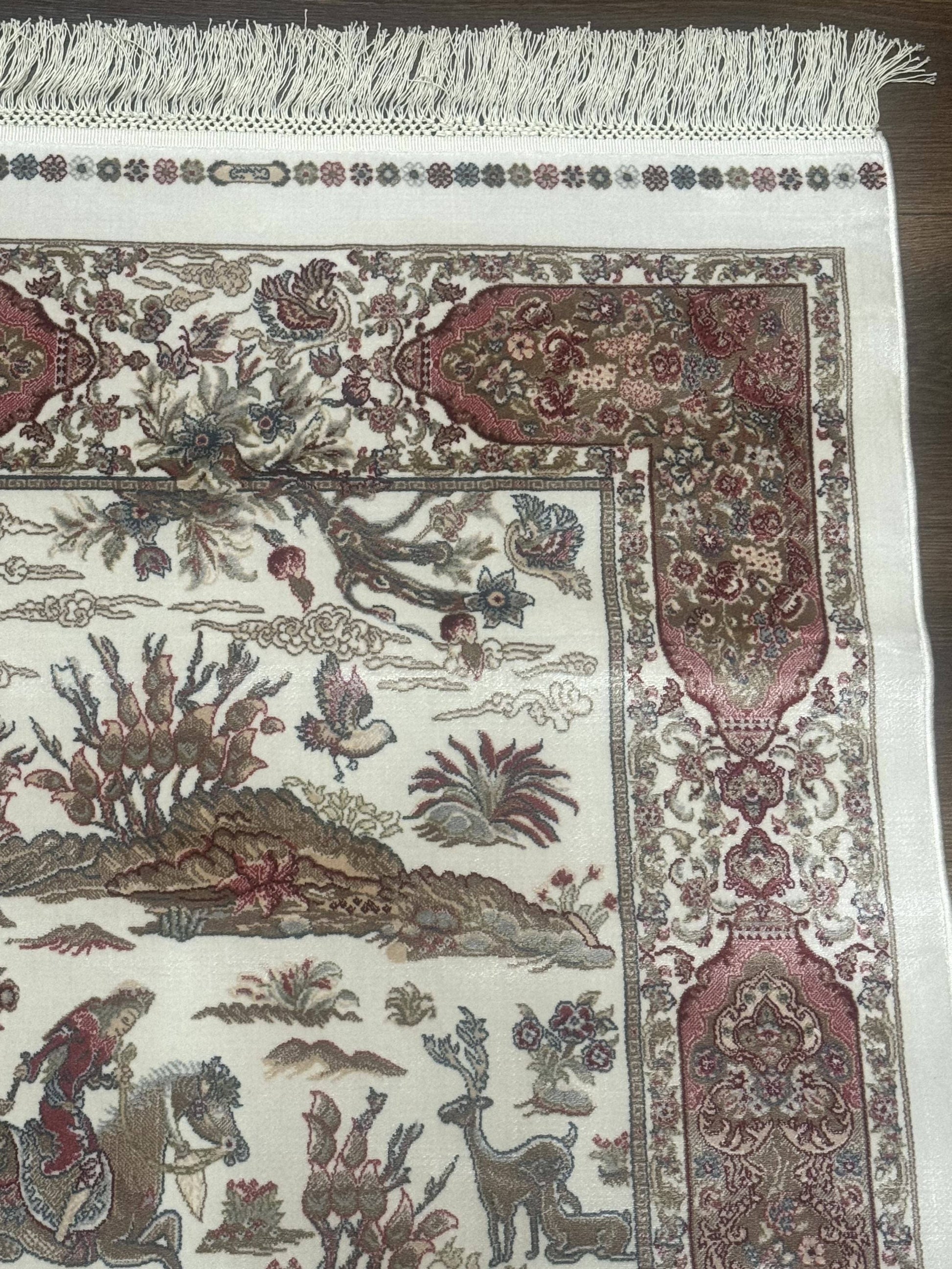 Turkish Silk Runner Rug 2.6 x 8, Hunting Design, Ivory, Bamboo Silk, New - Nuvé