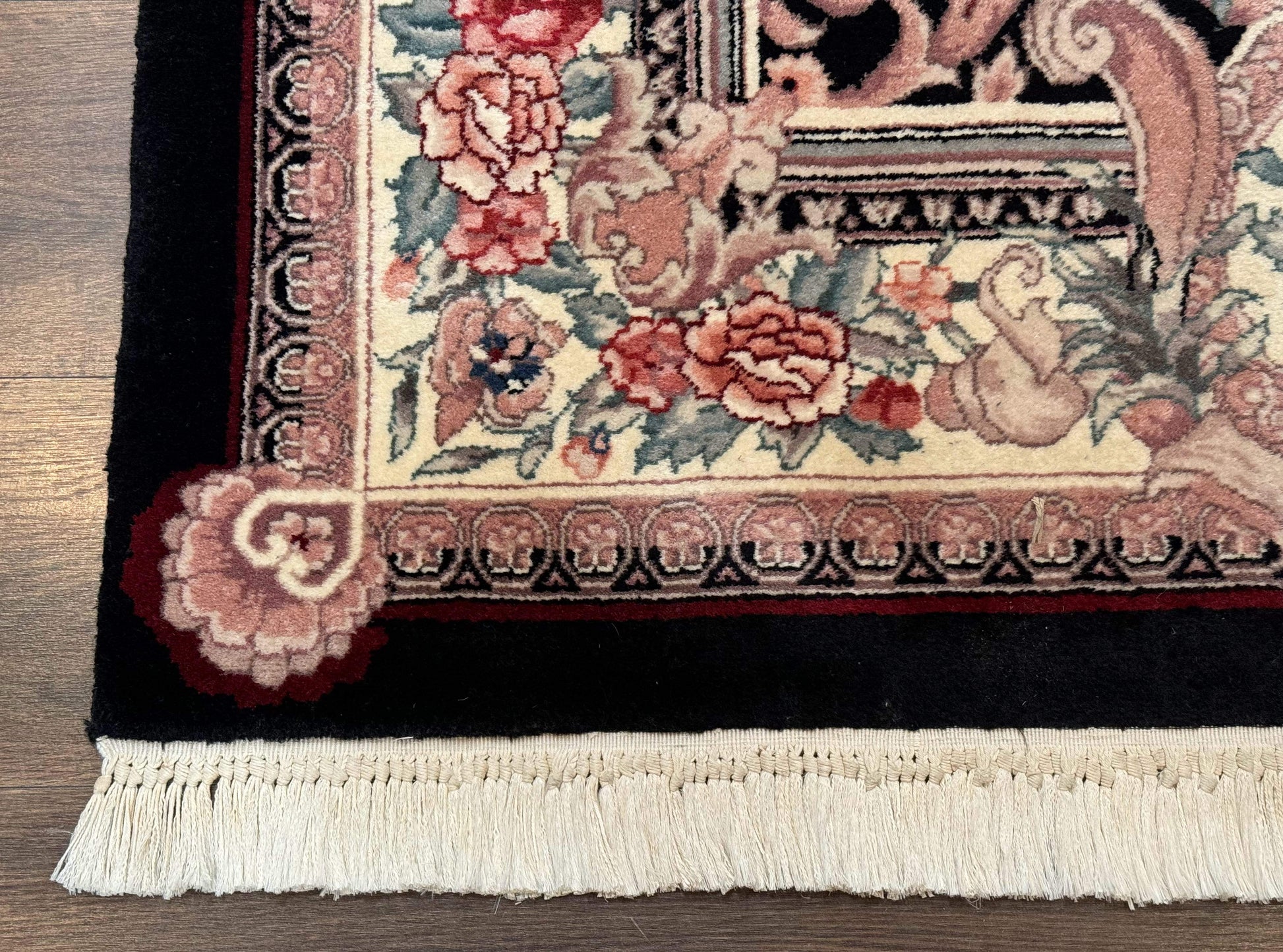 Aubusson Rug 4x6, Elegant European Floral Design, Black and Ivory, Fine 200 KPSI - Nuvé
