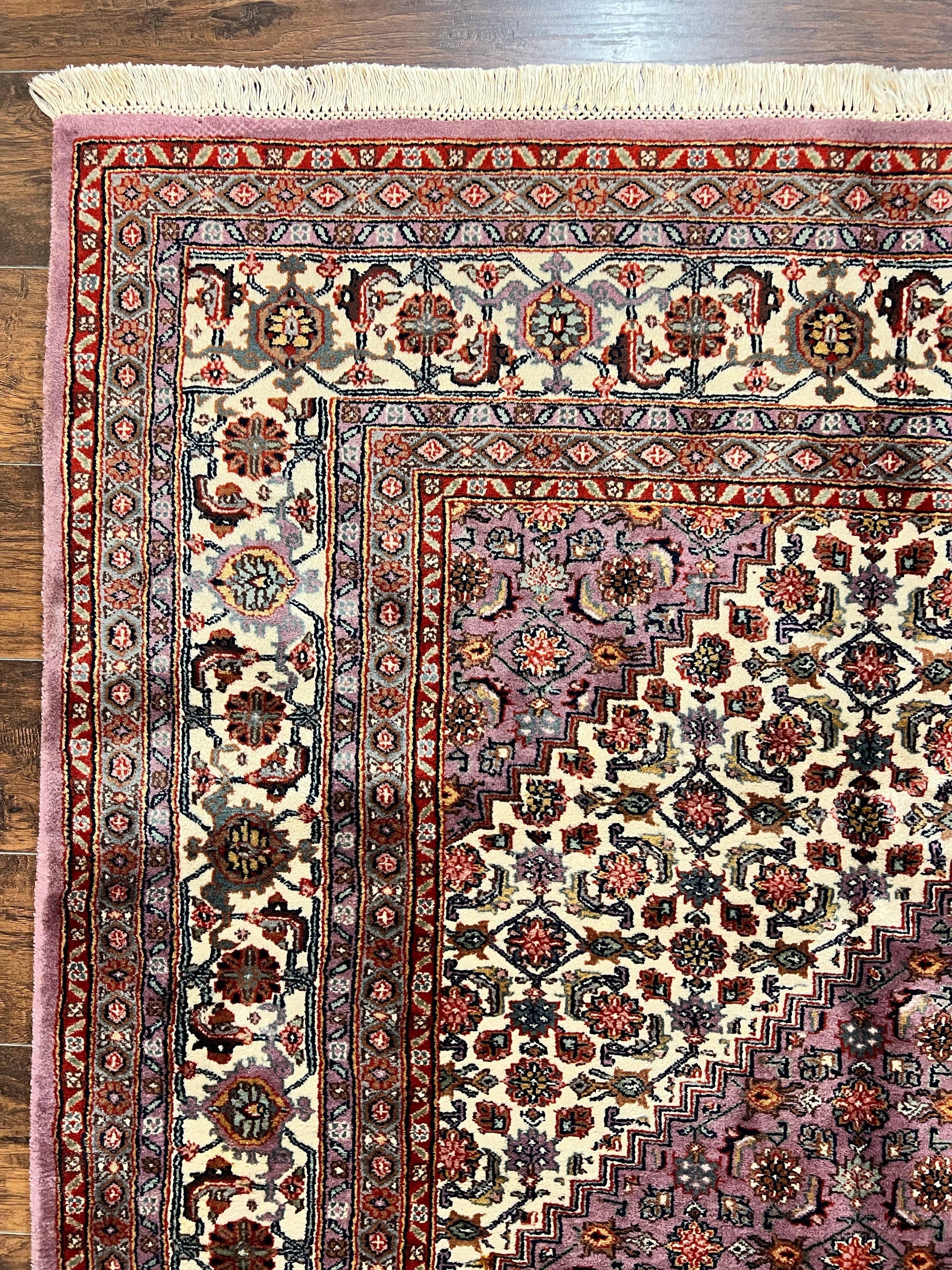 Indo Persian Bidjar Rug 8x10, Purple and Ivory Hand Knotted Wool Vintage Oriental Carpet, Herati Mahi Pattern, 8 x 10 Traditional Fine Rug - Nuvé