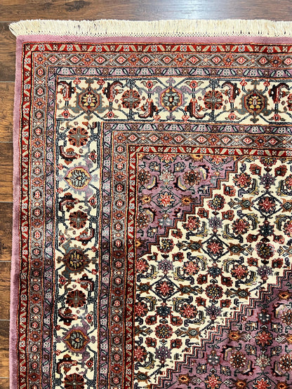 Indo Persian Bidjar Rug 8x10, Purple and Ivory Hand Knotted Wool Vintage Oriental Carpet, Herati Mahi Pattern, 8 x 10 Traditional Fine Rug - Nuvé