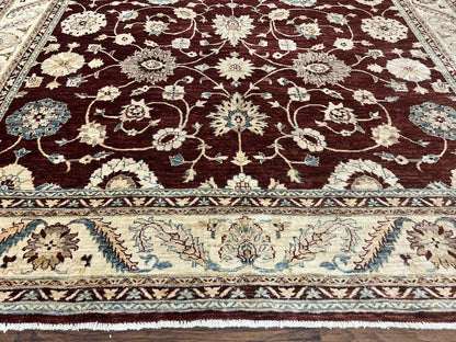 Peshawar Rug 9x11, Pakistani Oriental Carpet, Maroon and Beige, Floral Allover, Wool Hand Knotted Handmade Vintage Rug - Nuvé