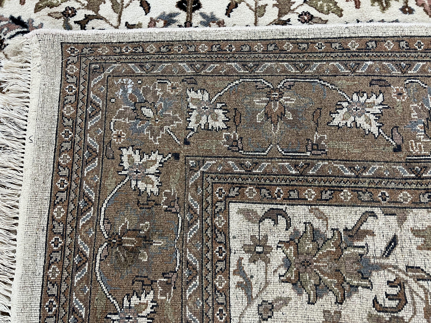 Indo Kirman Rug 8x12 Allover Floral Design, Ivory/Cream Brown, Vintage Handmade Hand Knotted Rug, Traditional Wool Persian Carpet 8 x 12 - Nuvé