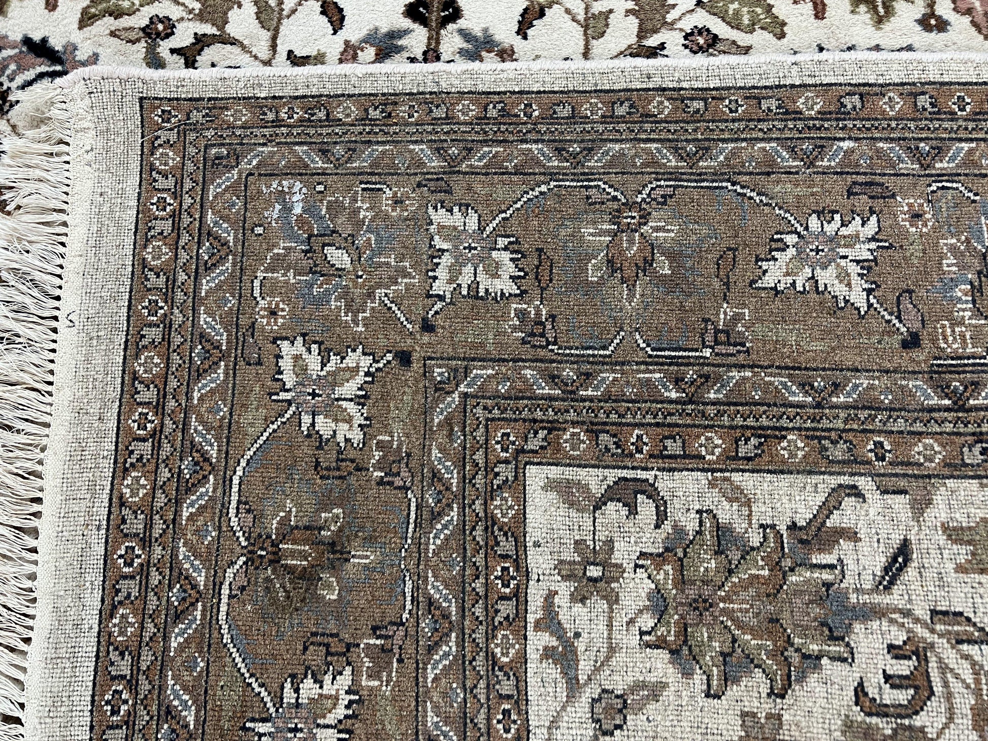 Indo Kirman Rug 8x12 Allover Floral Design, Ivory/Cream Brown, Vintage Handmade Hand Knotted Rug, Traditional Wool Persian Carpet 8 x 12 - Nuvé