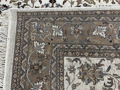 Indo Kirman Rug 8x12 Allover Floral Design, Ivory/Cream Brown, Vintage Handmade Hand Knotted Rug, Traditional Wool Persian Carpet 8 x 12 - Nuvé