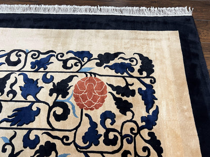 Antique Chinese Peking Rug 10x14, Beige Black, Handmade Wool Art Deco Carpet