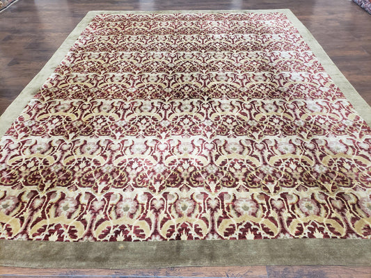 Contemporary Indian Nepalese Room Sized Rug 9 x 11.6, Wool Hand-Knotted Dark Red & Beige Soft Carpet, 9 x 12 Masterloom Living Room Rug - Nuvé