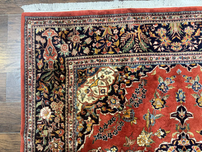 Indo Persian Rug 7x10, Vintage Handmade Wool Carpet, Floral Medallion Traditional Rug, Red and Midnight Blue - Nuvé