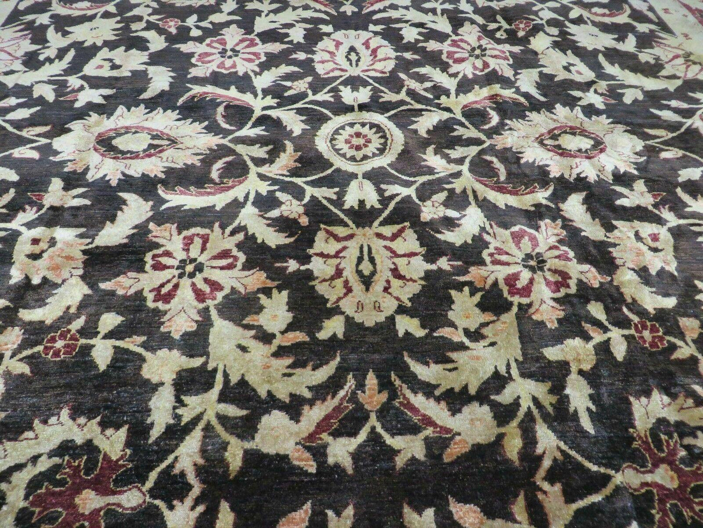 11' X 15' Vintage Hand Knotted Indian Agra Wool Rug Hand Made Dark Brown Floral - Nuvé