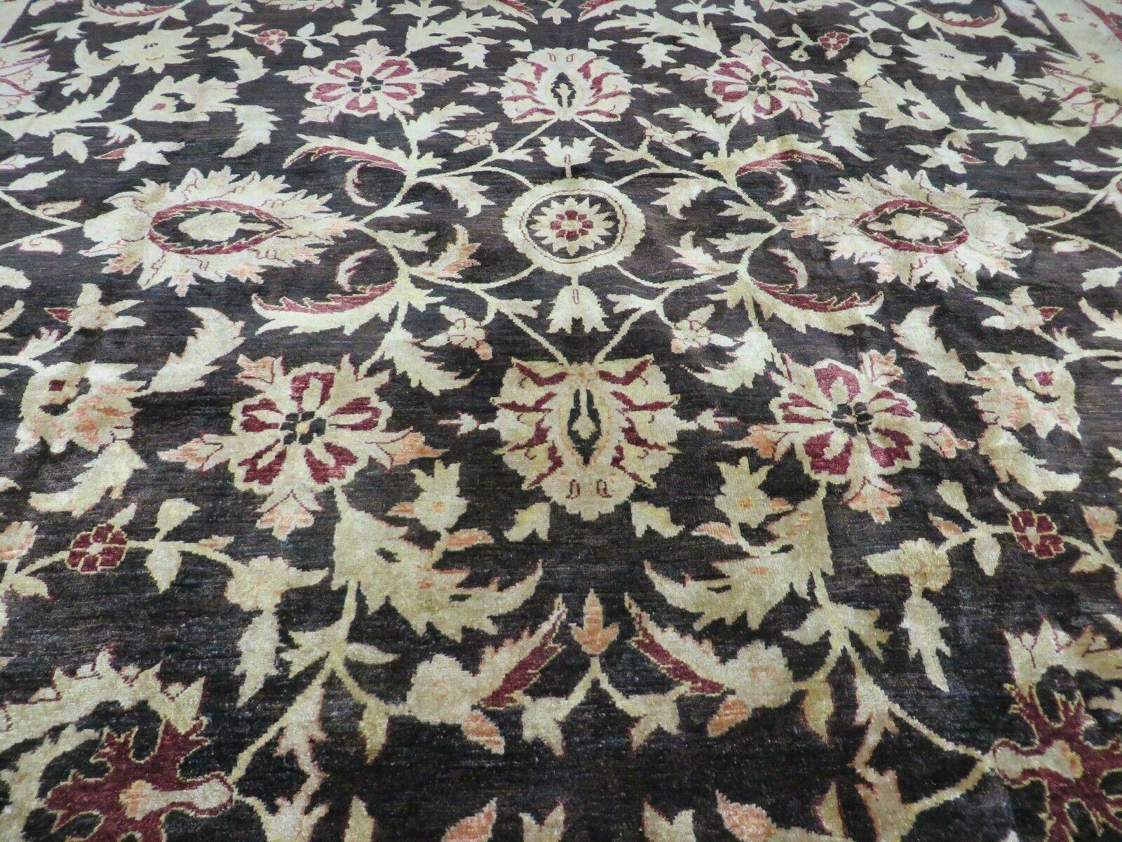 11' X 15' Vintage Hand Knotted Indian Agra Wool Rug Hand Made Dark Brown Floral - Nuvé