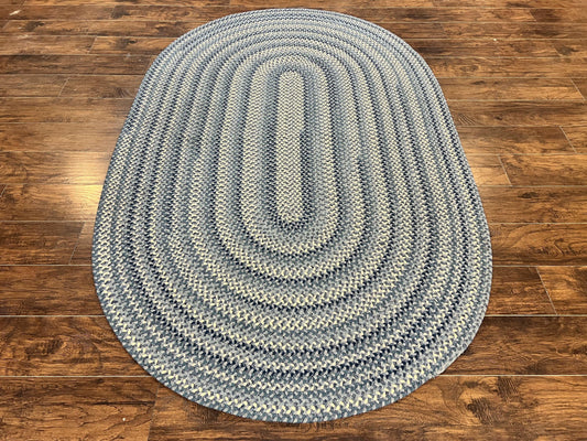 American Oval Braided Rug 5x8 Wool Handmade Vintage Carpet, Multicolor, Blues Gray Cream - Nuvé