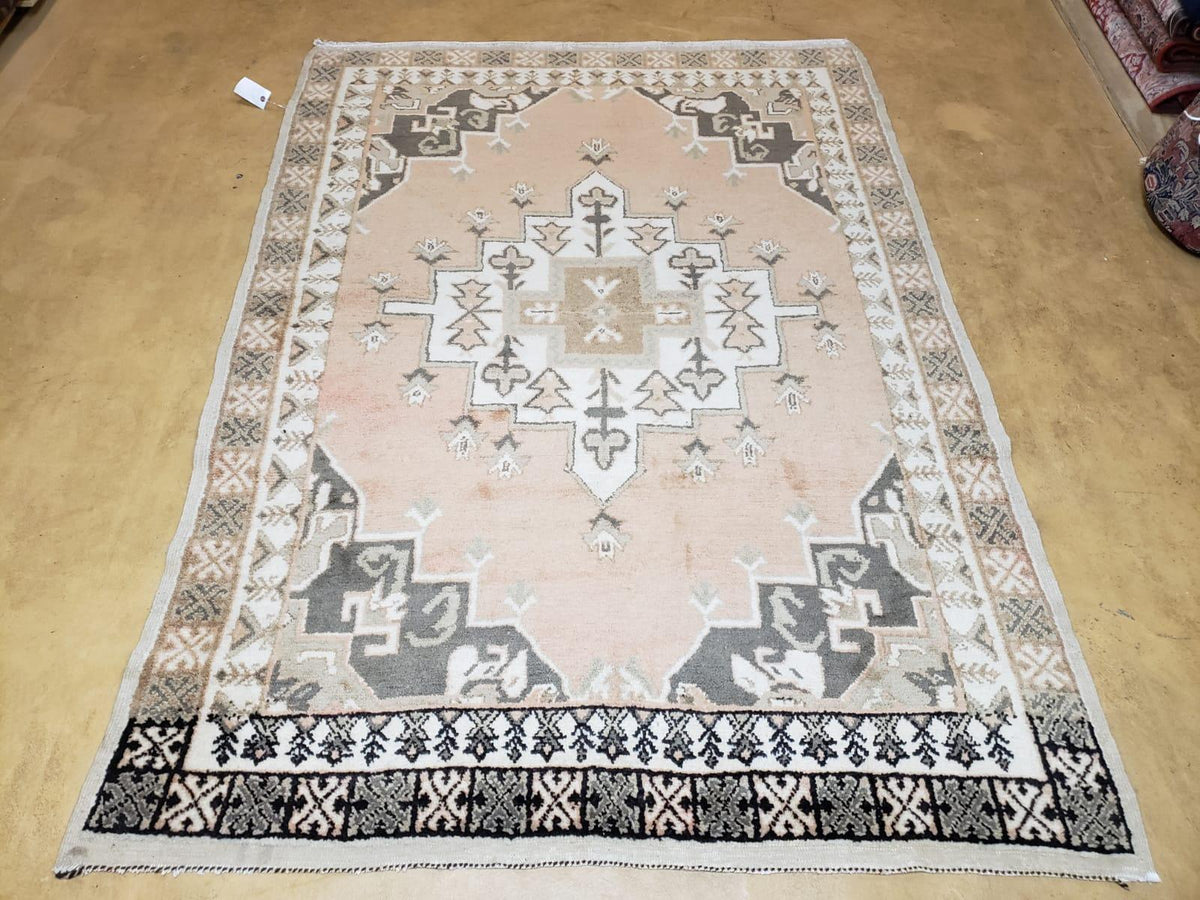 Antique Moroccan Rug 5x7 Tribal Carpet, Hand-Knotted Soft Wool Pile, 5 x 7 Area Rug, Berber Rug, Geometric Open Field Medallion, Pink Ivory