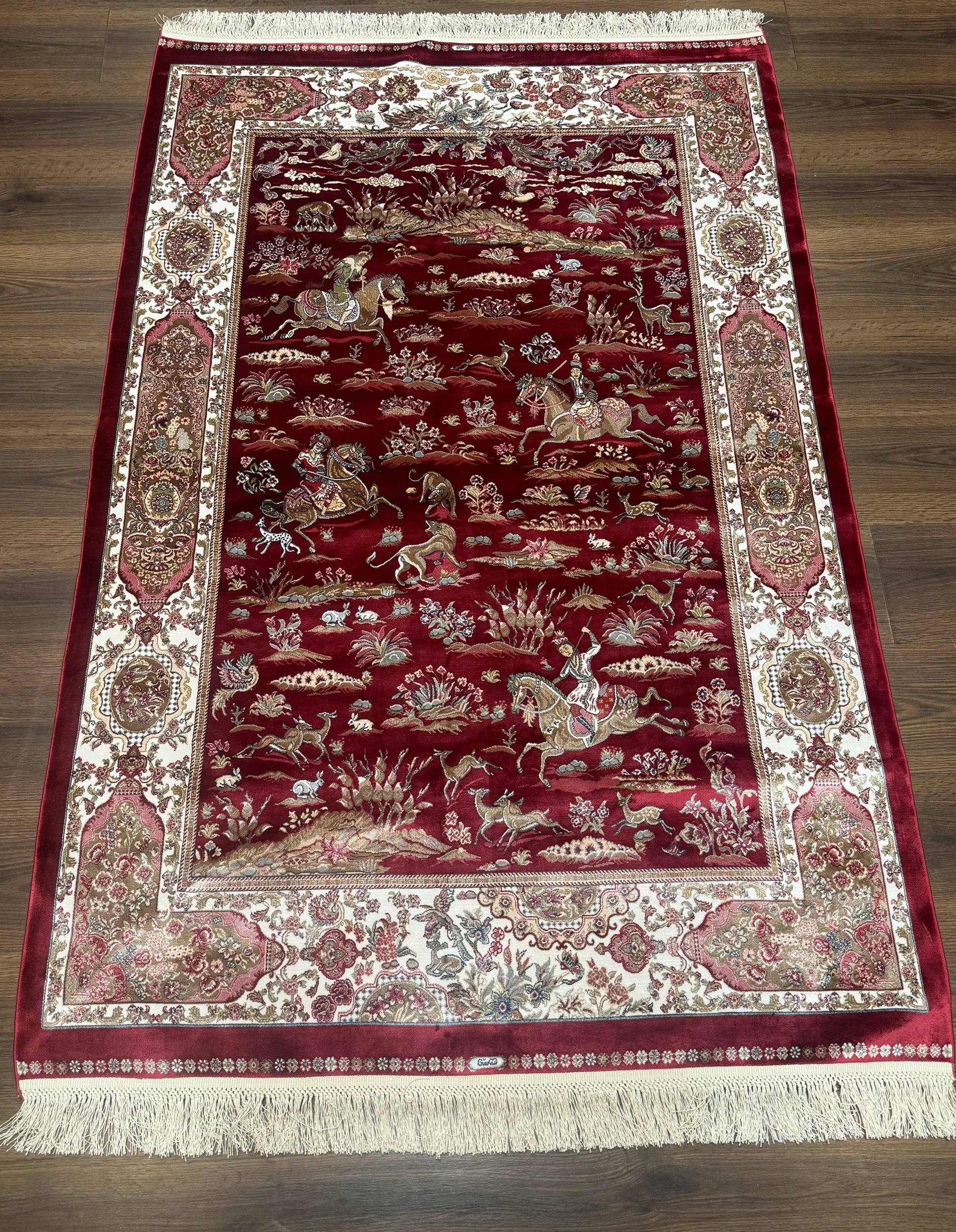 Turkish Silk Hunting Design Rug 4x6, Dark Red & Ivory, Bamboo Silk, New - Nuvé