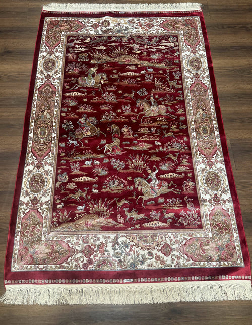 Turkish Silk Hunting Design Rug 4x6, Dark Red & Ivory, Bamboo Silk, New - Nuvé
