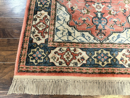 Karastan Rug 4x6 Bergama Design #737, Karastan Area Rug, Vintage Wool Karastan Carpet, Original Collection 700 Series, Salmon Red Light Blue - Nuvé