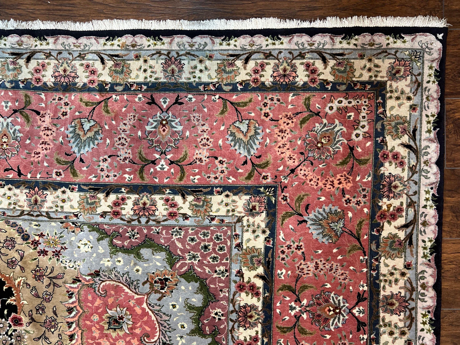 Magnificent Persian Tabriz Rug 11x16, Oversized Persian Carpet 11 x 16 ft, Wool on Silk Finely Hand Knotted, 450 KPSI, Floral Medallion, Black Pink - Nuvé