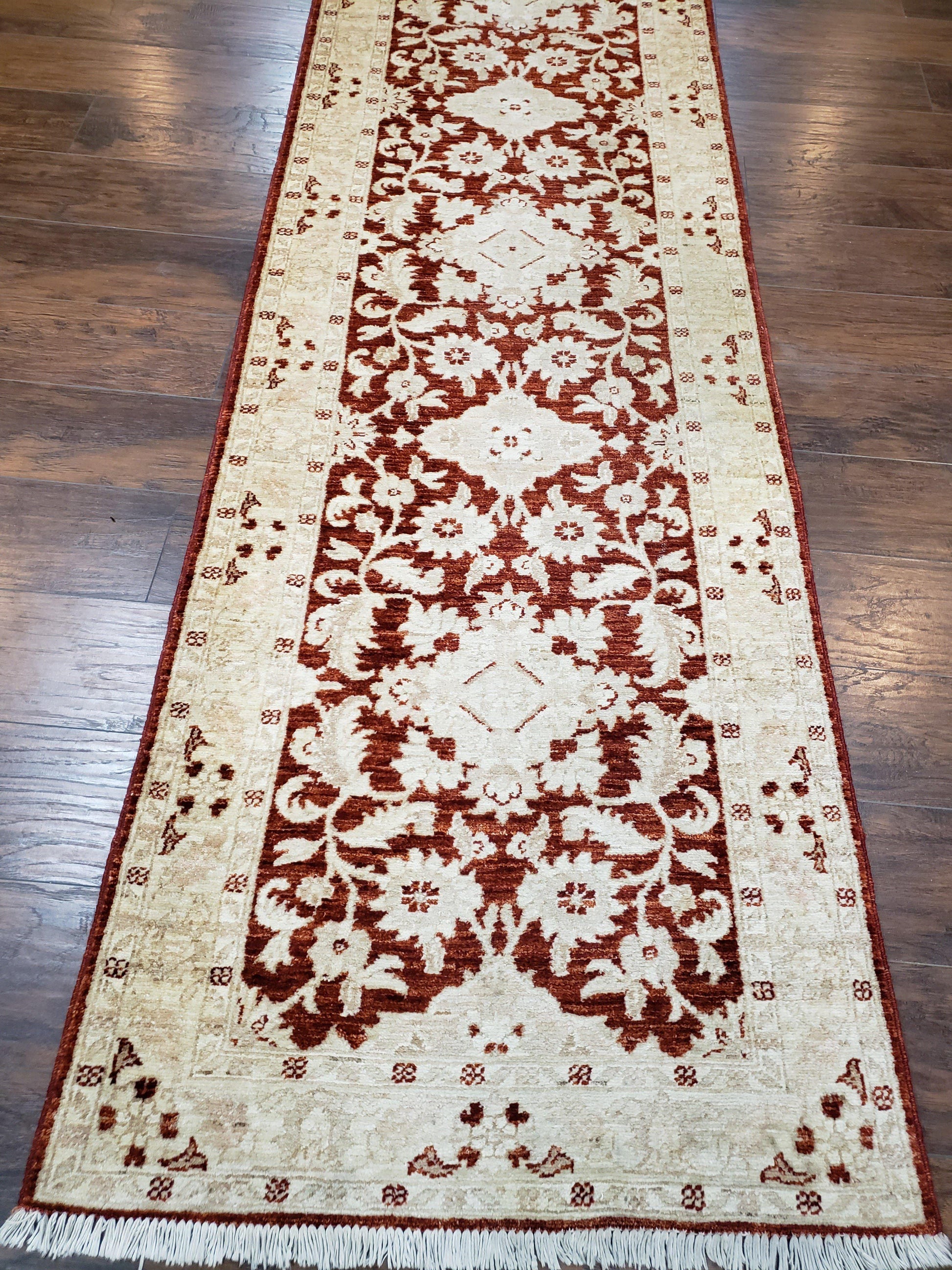 21 ft Runner Rug Long Hallway Runner, 3 x 21 Corridor Rug, Peshawar Pak Persian Chobi Agra Rug, Maroon and Beige Large Flowers Wool Handmade - Nuvé