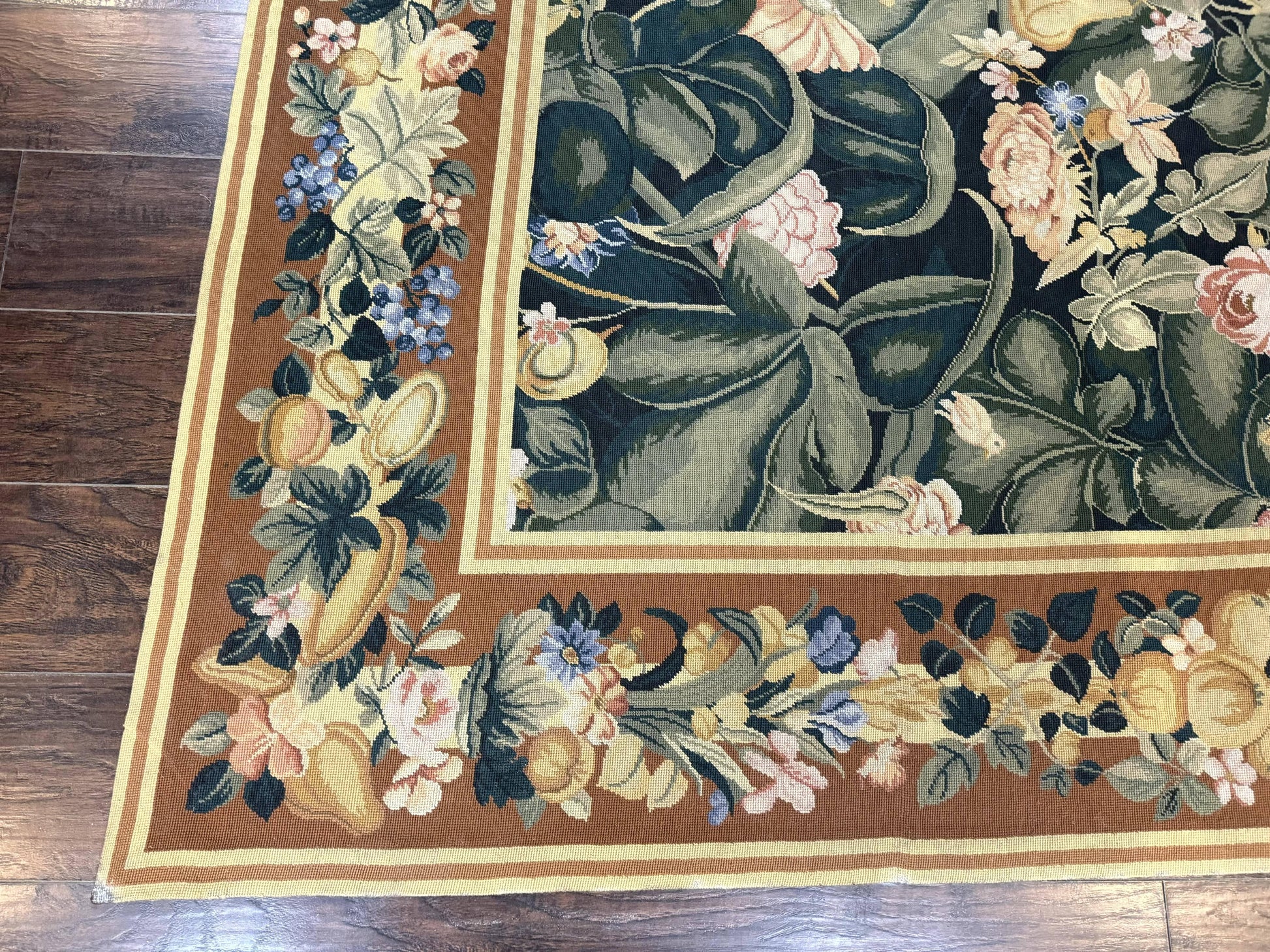 Needlepoint Rug 8x10, Vintage, Handmade, Wool, Green, Leaves & Fruits - Nuvé