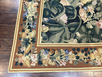 Needlepoint Rug 8x10, Vintage, Handmade, Wool, Green, Leaves & Fruits - Nuvé