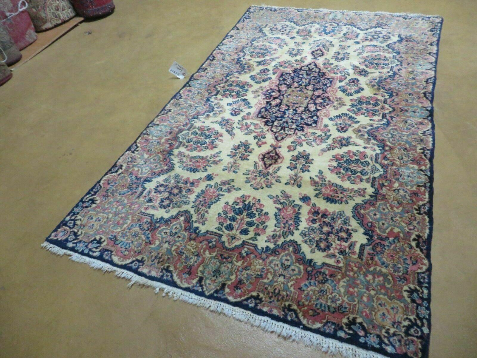 Antique Persian Kirman Rug 3.9 x 6.6, Floral Oriental Carpet, Ivory/Cream - Blue - Pink, Hand Knotted Wool Rug, Floral Medallion Rug 4x6 - Nuvé
